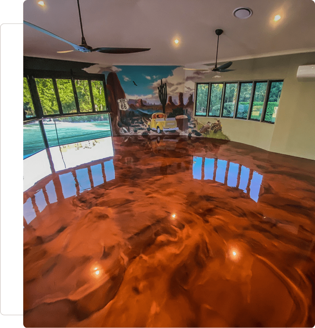Room with glossy, marbled floor and mural.